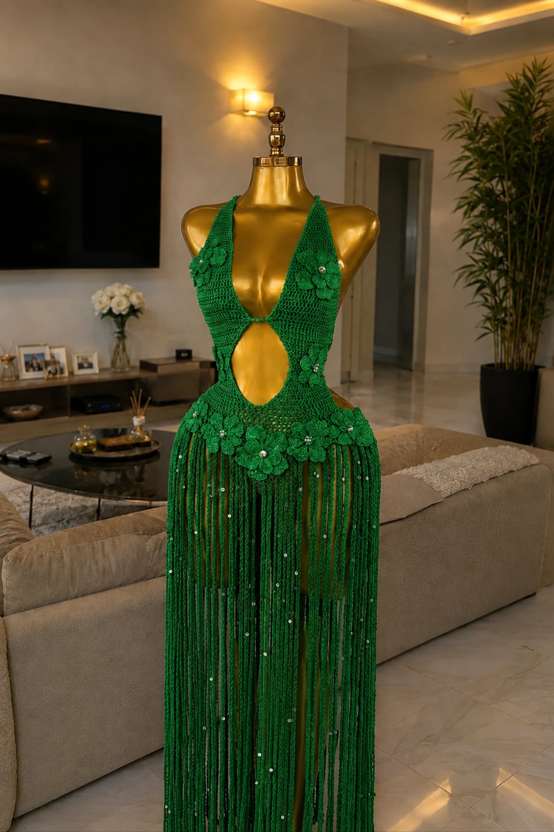 SERAPHINE FRINGE DRESS (Green&White)